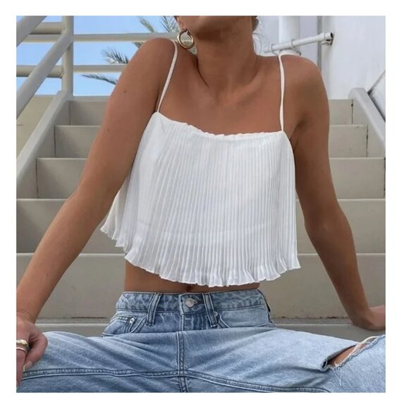 Open Edit Crop Tops Pleated Flowy Spaghetti Straps Tank Top Backless Size Large - Picture 1 of 7